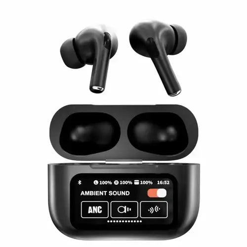 Black A9 Pro ANC Wireless Earbuds with Smart Screen – Bluetooth 5.4 Noise Cancelling Earbuds