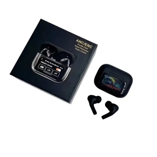 Black A9 Pro ANC Wireless Earbuds with Smart Screen Bluetooth 5.4 Noise Cancelling Earbuds in Pakistan