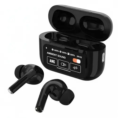 Black A9 Pro ANC Wireless Earbuds with Smart Screen Bluetooth 5.4 Noise Cancelling Earbuds in Pakistan